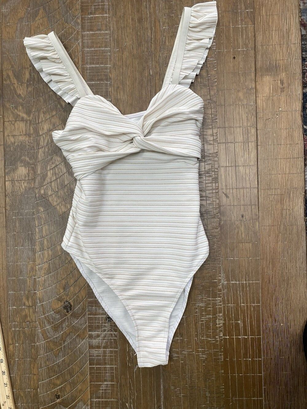 Retro Ruffle Cream Metallic Striped One-Piece Swimsuit - Small